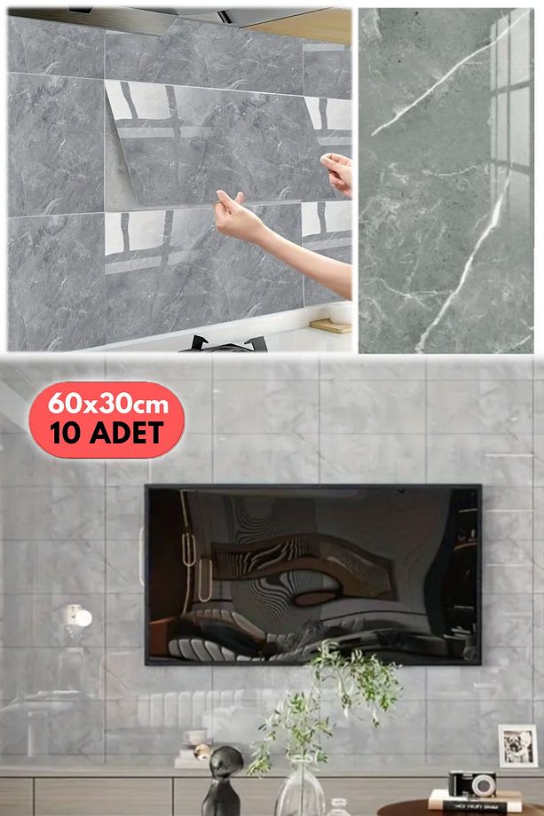 10PC 60x30 Cm Kendinden Yapışkanlı Gri 3D Şık Fayans Duvar Yapıştırma Duvar Kağıdı Dekorasyon - 3