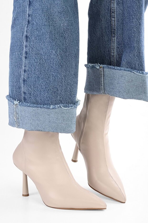 Women's Glove Beige Leather Stretch Heeled Boots