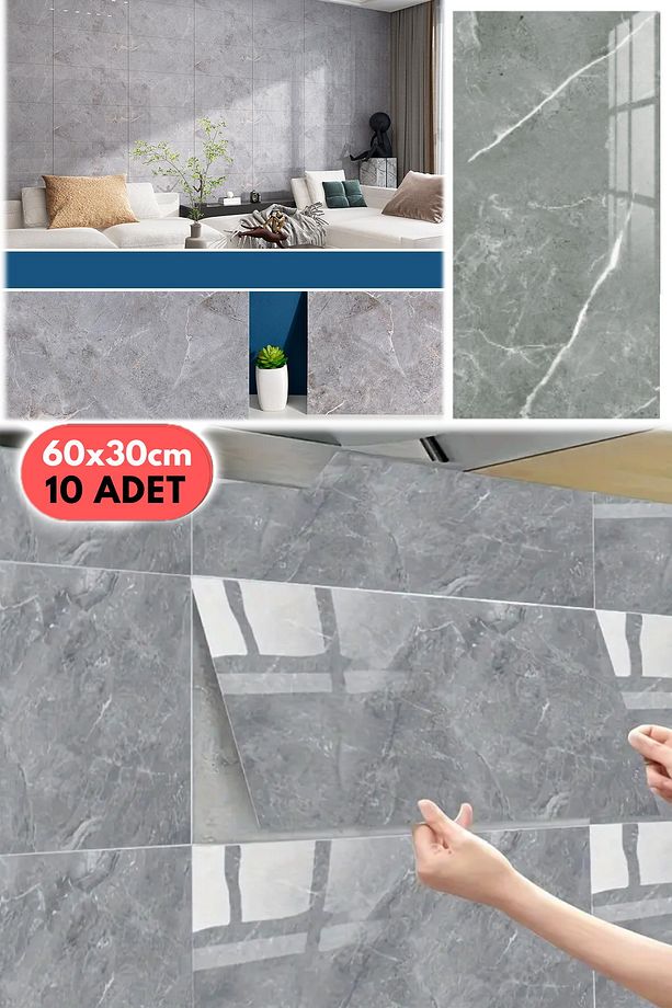 10PC 60x30 Cm Kendinden Yapışkanlı Gri 3D Şık Fayans Duvar Yapıştırma Duvar Kağıdı Dekorasyon - 8