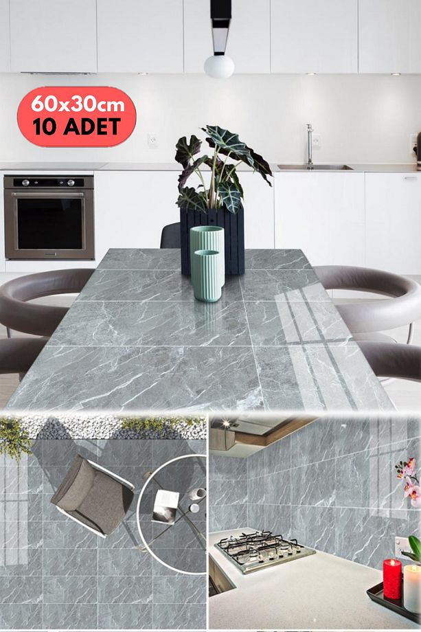 10PC 60x30 Cm Kendinden Yapışkanlı Gri 3D Şık Fayans Duvar Yapıştırma Duvar Kağıdı Dekorasyon - 2