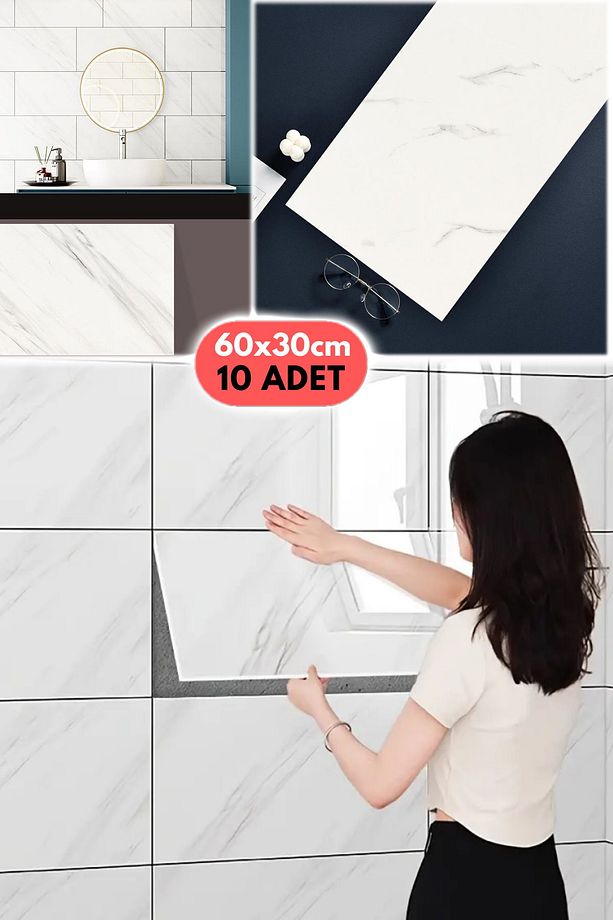 10 Adet 60x30 Beyaz Modern Su Geçirmez Duvar Çıkartmaları Kendinden Yapışkanlı Fayans Etiket Zemin - 3