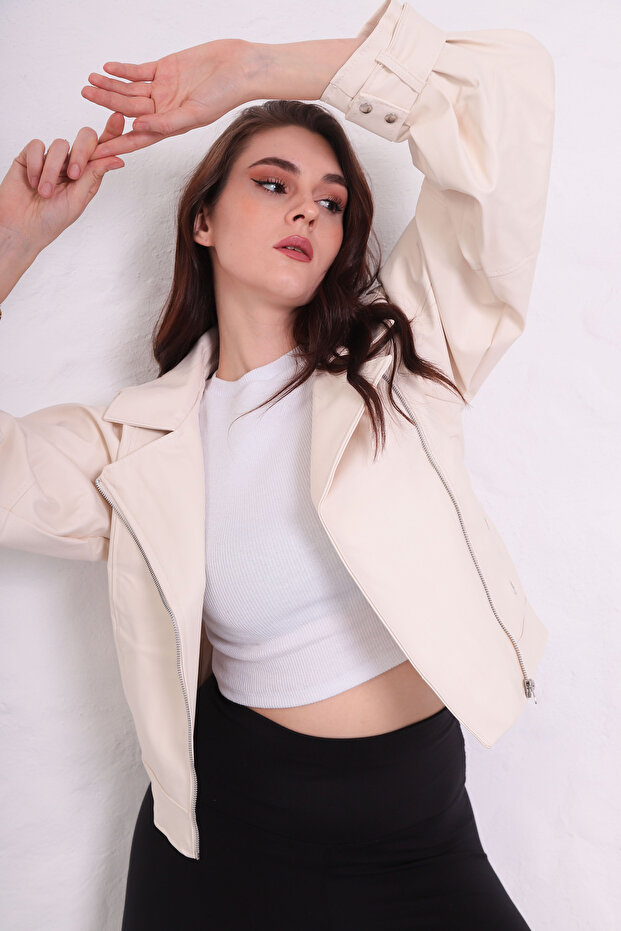 Oversize Women's Cream Balloon Sleeve Bomber Leather Jacket