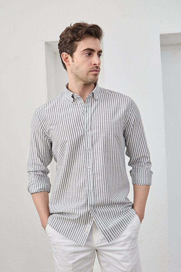Men's Shirt Black Striped Cotton Linen Modern Slim Fit Shirt