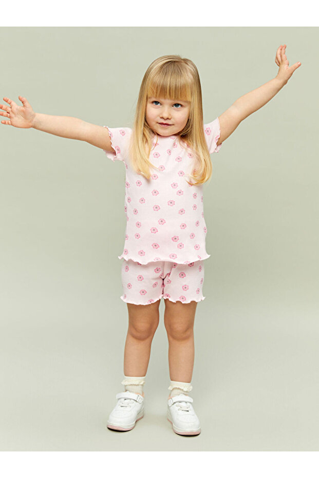 Pembe Bisiklet Yaka Kız Bebek Şortlu Pijama Takımı - 2