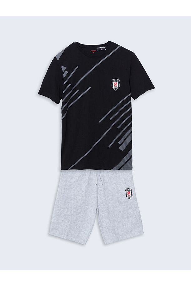 Siyah Standart Kalıp Beşiktaş Baskılı Erkek Şortlu Pijama Takımı - 5