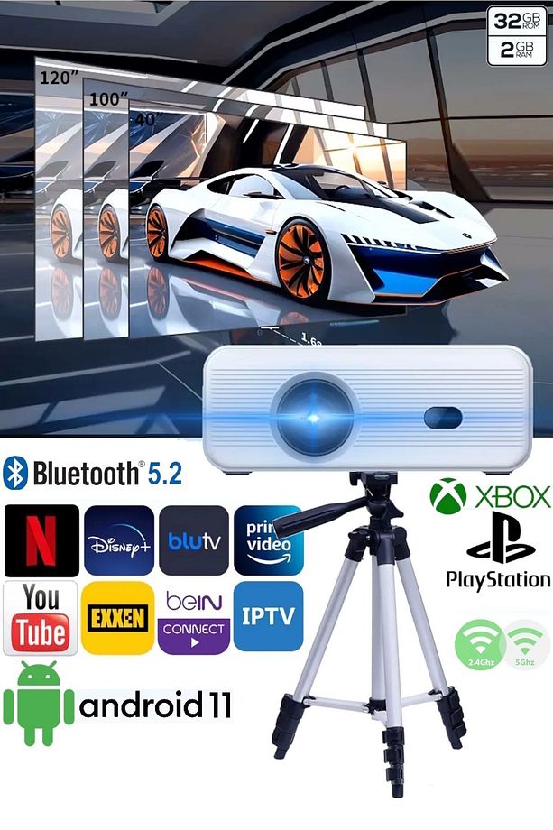 Akıllı Taşınabilir Projeksiyon Ev Sineması Bluetooth Wifi Android 11 2gb/32gb Tripod - 1