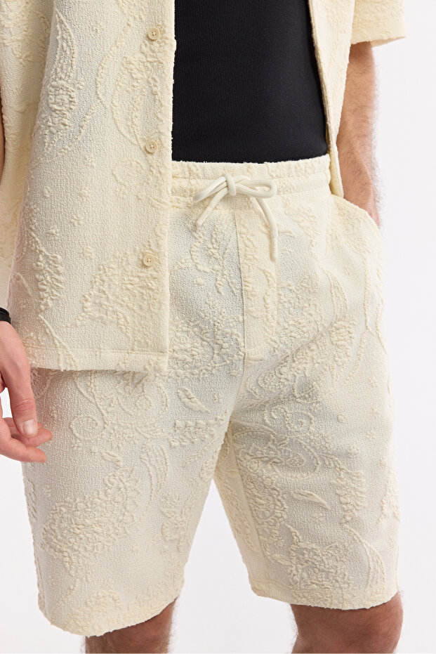 Erkek Ekru Beli Lastikli Bağcıklı Pamuklu Örme Regular Fit Şort A51Y3612 - 4
