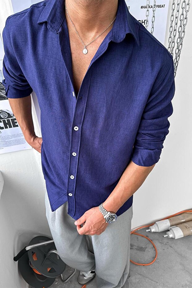 Ανοιχτό Navy Blue Basic Relaxed πουκάμισο - 5