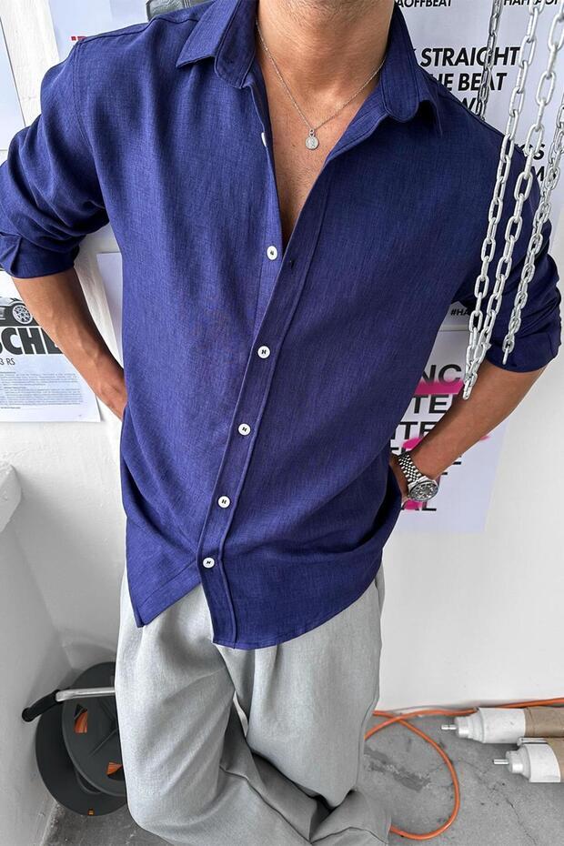 Ανοιχτό Navy Blue Basic Relaxed πουκάμισο - 2