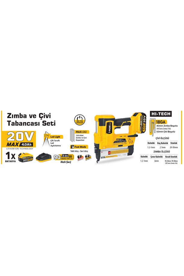 PROFESYONEL AKÜLÜ ZIMBA VE ÇİVİ TABANCASI SETİ 20V 1*4.0 Ah - 3