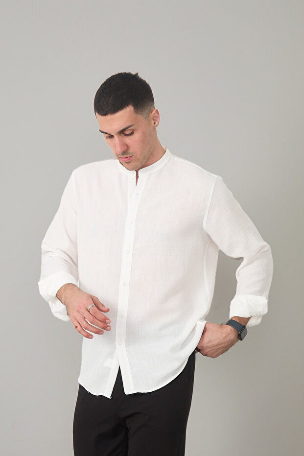 Men's Long Sleeve Pocketless Judge Collar Shirt - White