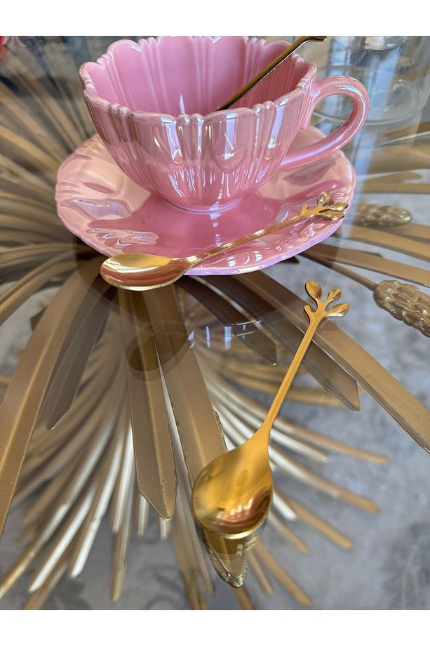 1 Adet Yaprak  Titanyum Gold Çay Kaşığı - kararmaz gold çay kahve şeker baharat Kaşığı - 3