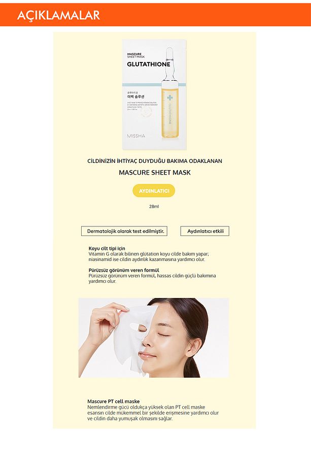 Glutathione İçerikli Aydınlatıcı Yaprak Maske (1ad) Mascure Whitening Solution Sheet Mask - 2