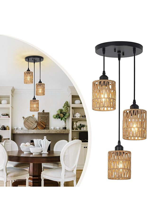 LED Imitation Hemp Rope Woven Chandelier 3-Head Ceiling Lamp, Suitable For B&B/Restaurant/Hotel