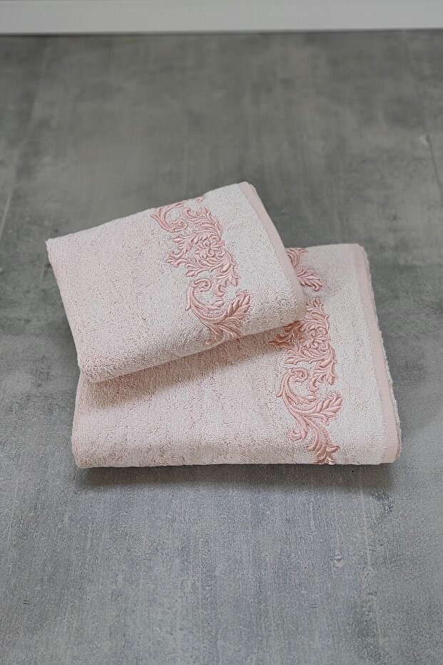 Bamboo Soft & Water Absorbent Tivoli Cloé Towel - Powder Color Embroidered Towel Models - Set of 2