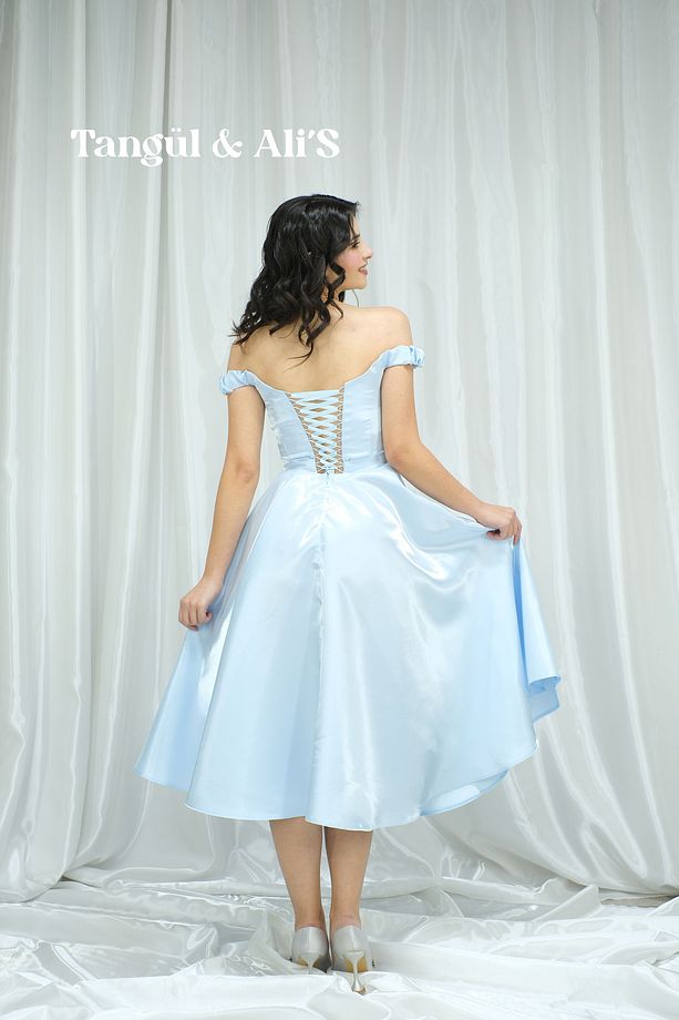 Lizbon Saten Drapeli Bebe Mavisi Midi Elbise - 4