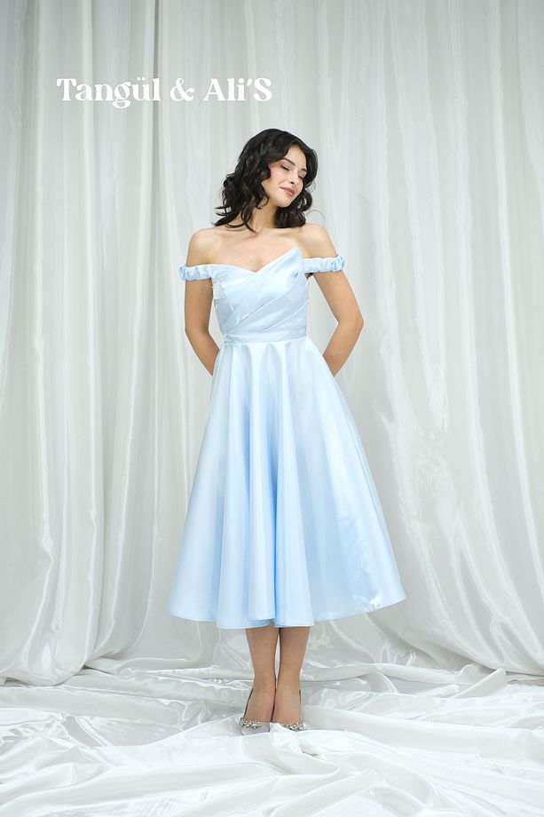 Lizbon Saten Drapeli Bebe Mavisi Midi Elbise - 1