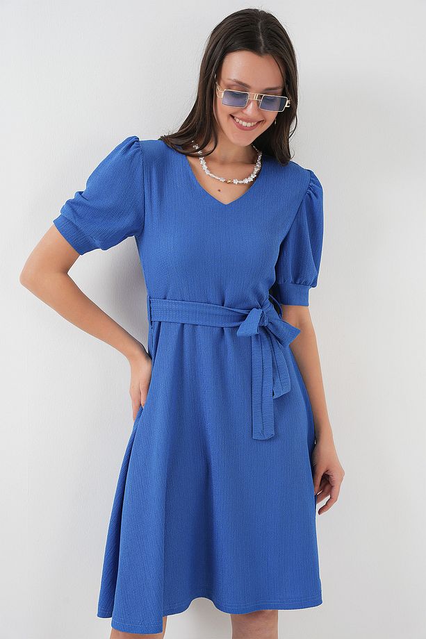 2370 Kuşaklı Örme Elbise - Saks - 3