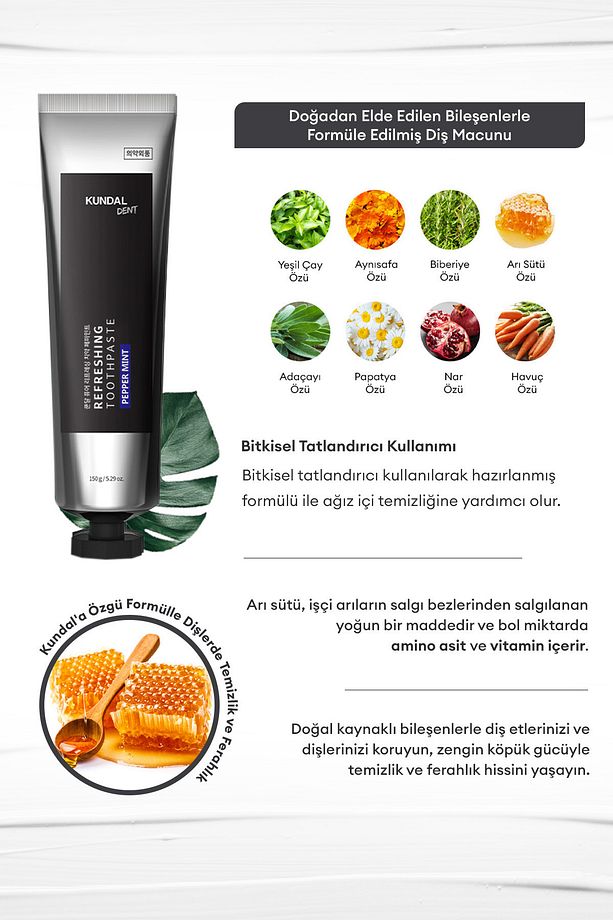 Bitkisel Özlü Ferahlatıcı Diş Macunu KUNDAL Refreshing Toothpaste Set (Pepper Mint) 3 Adet - 3