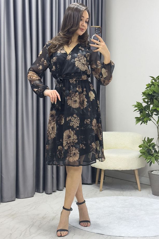Kadın Kruvaze Yaka Kısa Şifon Elbise Kahvrengi Çiçekli, Batik Desenli - 1