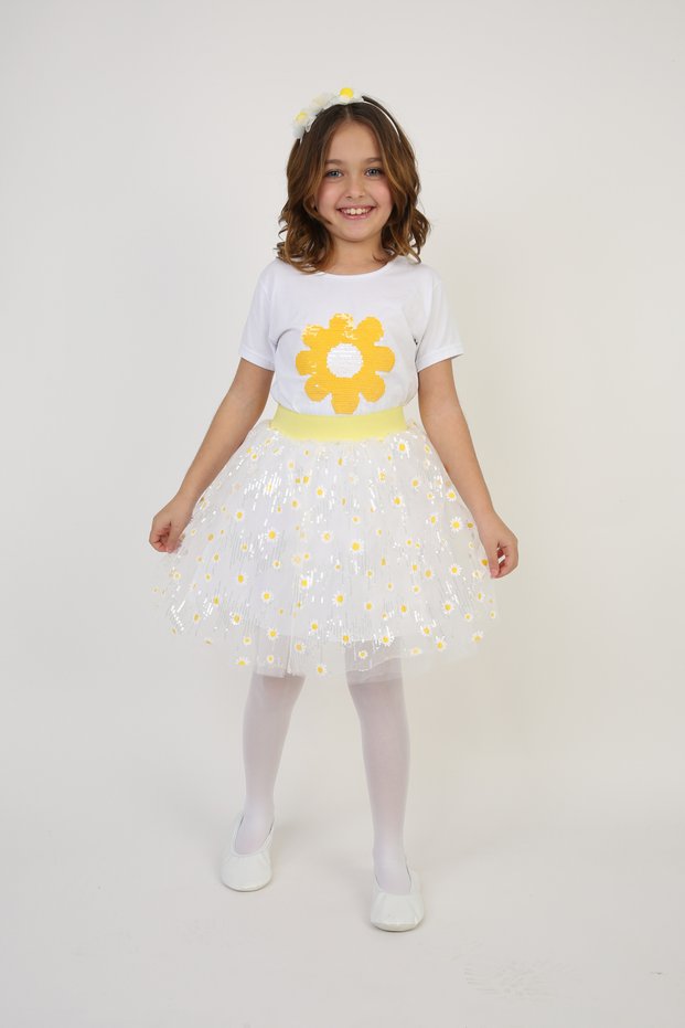 Sequined Daisy Pattern T-Shirt/Skirt Girl's Bottom Top Set