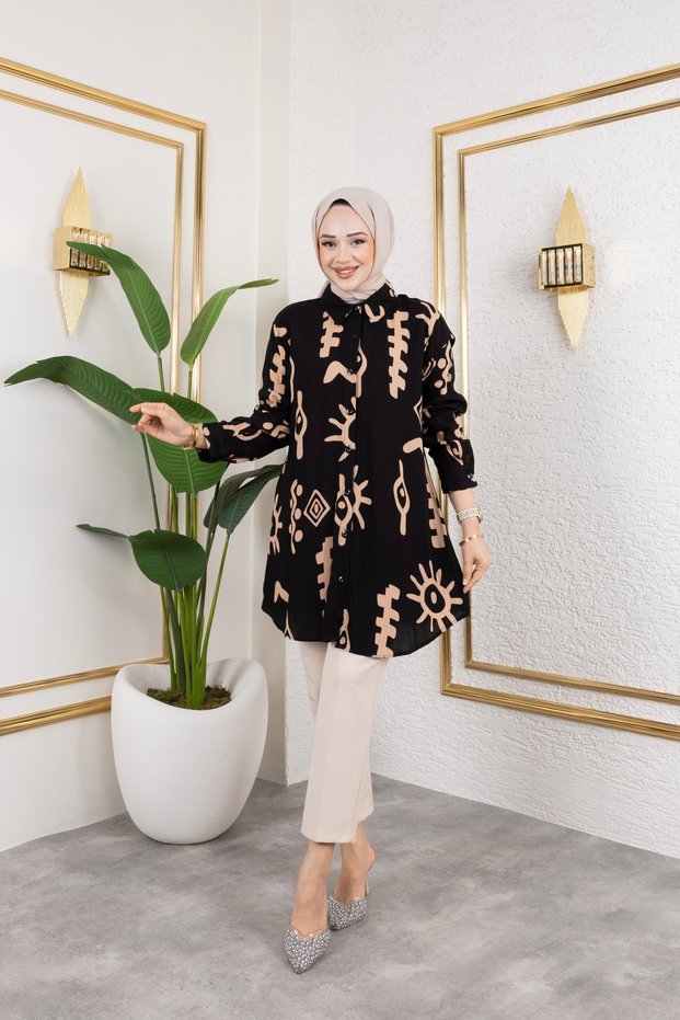 Women's Hijab Clothing & Sportswear Suitable Button Detail Stylish Patterned Woven Viscose Shirt-Tunic