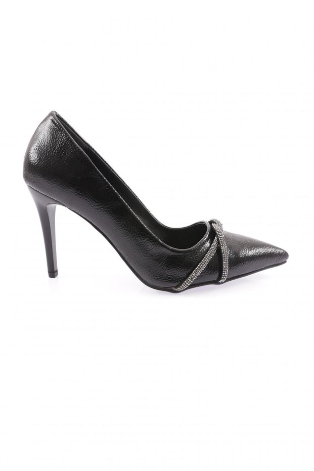 Akt-01-23Y Women's Silver Stone Twisted Band Evening Dress Shoes Black Wrinkled Patent Leather
