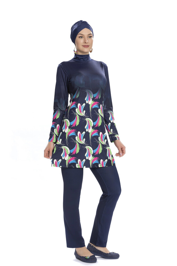 Women's Navy Blue Patterned Long Sleeve Hijab Swimsuit Hzl25S-Ar273/02