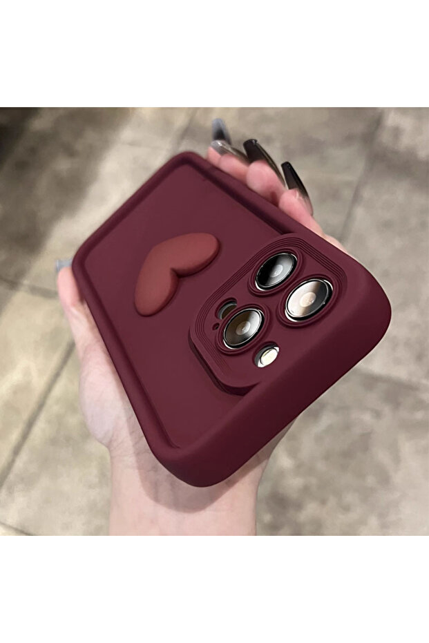 جراب سيليكون فاخر ثلاثي الأبعاد على شكل قلب حب لطيف باللون الأحمر الخمري لهاتف iPhone 16Pro Max لهاتف iPhone 16 15 13