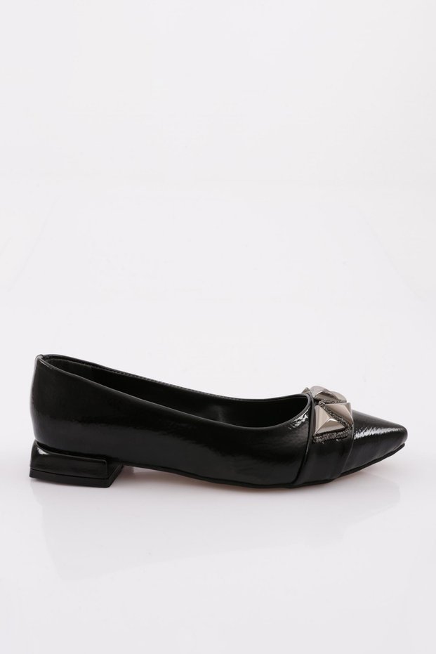 2805 Women's Pointed Toe Silver Stone Metal Buckle Ballerinas Black Patent Leather