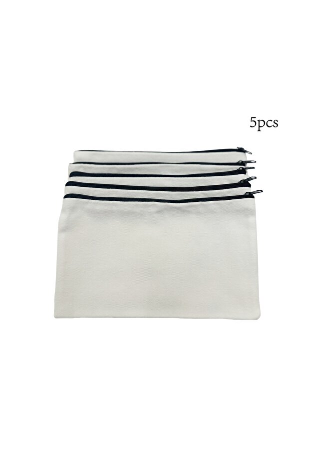 5pcs White 5pcs Blank Canvas Zipper Pouch Bulk, Makeup Bag Pencil Case For Cosmetic & DIY Crafts, In
