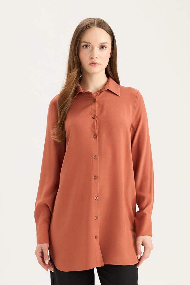 Yeni Sezon Regular Fit Basic Düz Uzun Kollu Gömlek Tunik - 3