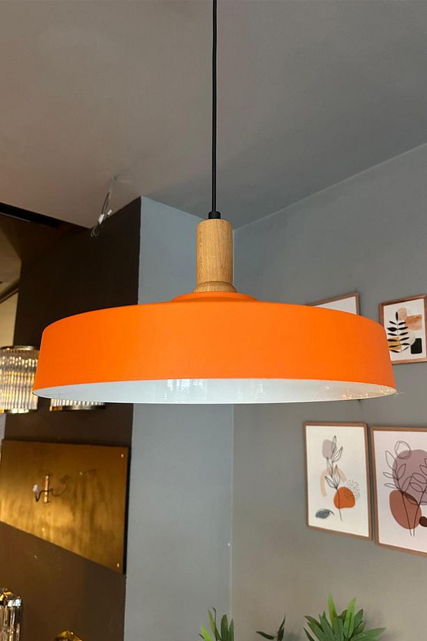Açe Turuncu Tekli Fener Ahşap Başlık Avize Retro Sarkıt Ofis Showroom Salon Mutfak Avizeleri - 3