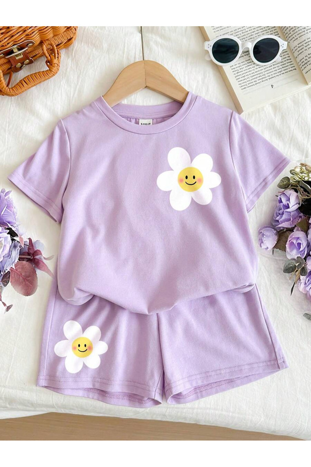Girl's Floral Printed T-Shirt Shorts Bottom Top Children's Set