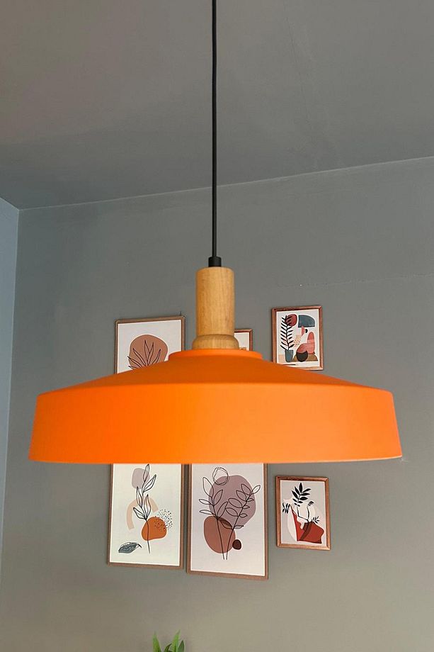 Açe Turuncu Tekli Fener Ahşap Başlık Avize Retro Sarkıt Ofis Showroom Salon Mutfak Avizeleri - 4