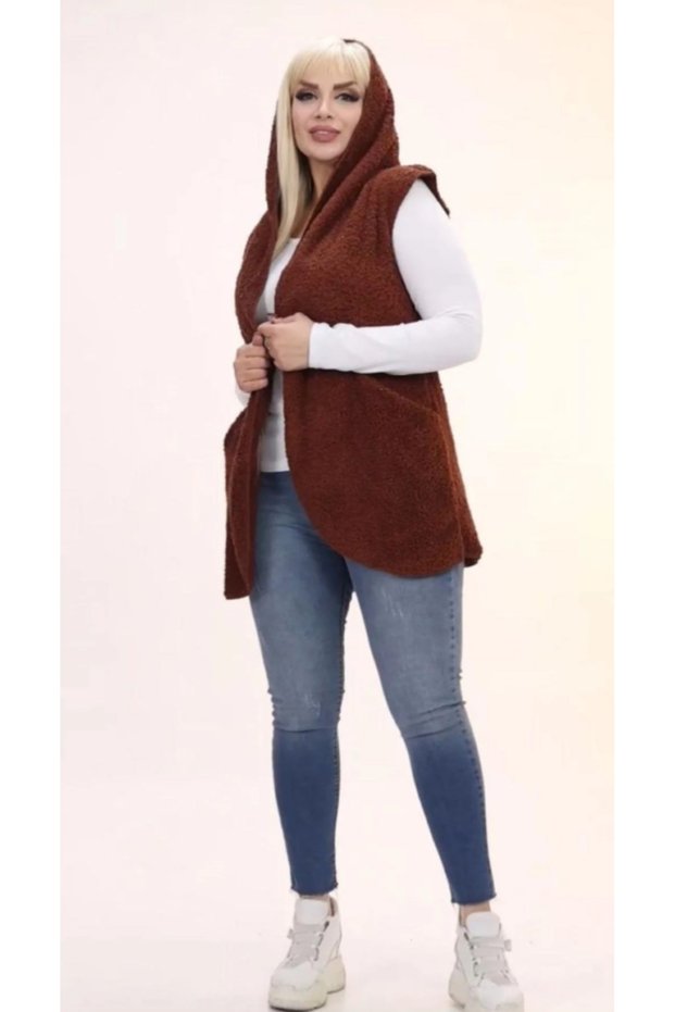 Kısmet sepeti women's plush welsoft hooded brown vest