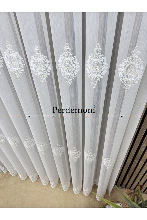 Safir Desen Bambu Zemin Gold Nakış Tül Perde, 1e3 Sık Pile, Ütü İstemez - 2