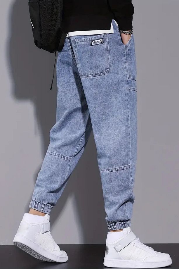Erkek Mavi Bel Ve Paça Lastikli Jogger Kot Pantolon - 2