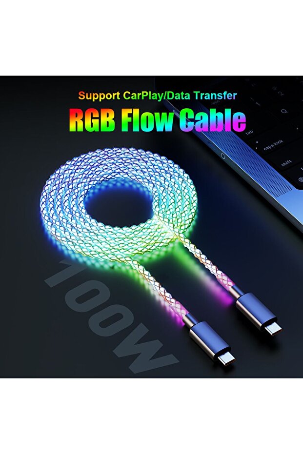 كابل بيانات RGB من النوع C إلى النوع C، شحن سريع 6 أمبير، إضاءة متدرجة RGB متغيرة اللون، 66