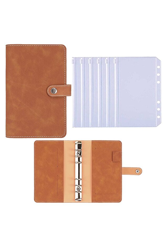 brown 6 zip pockets A6 Budget Binder Planner Notebook Cover PU Loose-leaf Handbook 6 Holes Binder Di