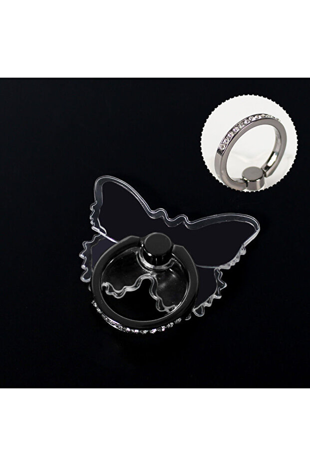 Black Ring Transparent Luxury Butterfly Finger Ring Mobile Phone Holder for iPhone 15 Smartphone Sti