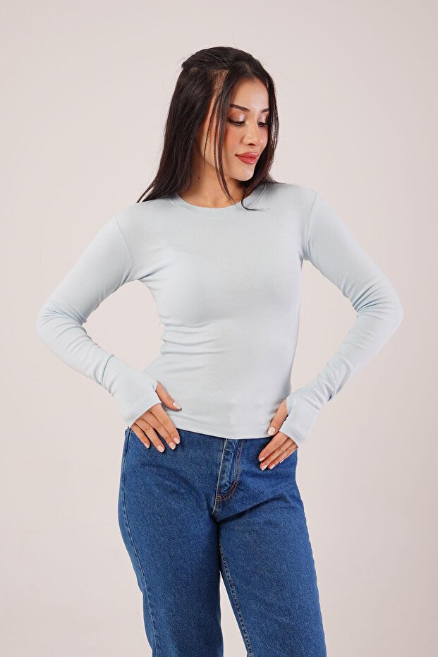 Uzun Kollu Basic Bebe Mavisi Bluz - 5