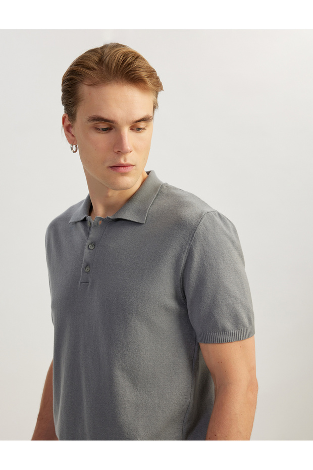 Buttoned Polo Collar Viscose Blended Short Sleeve Knitwear T-Shirt