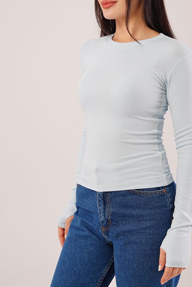 Uzun Kollu Basic Bebe Mavisi Bluz - 3