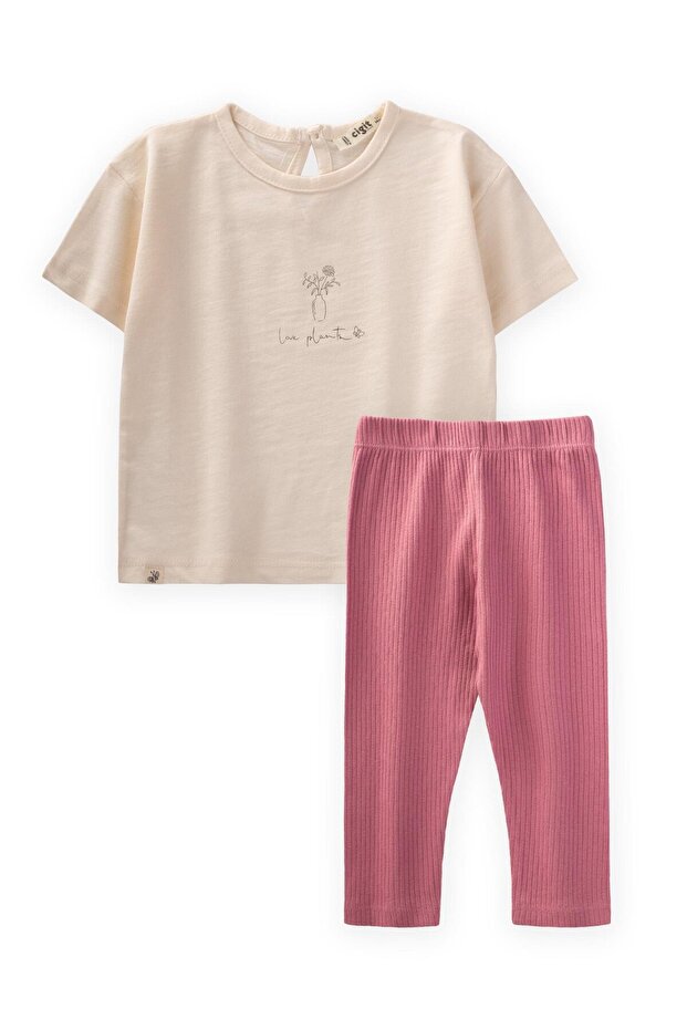 Vazo Printed Tights T-Shirt Set 1-8 Years Ecru