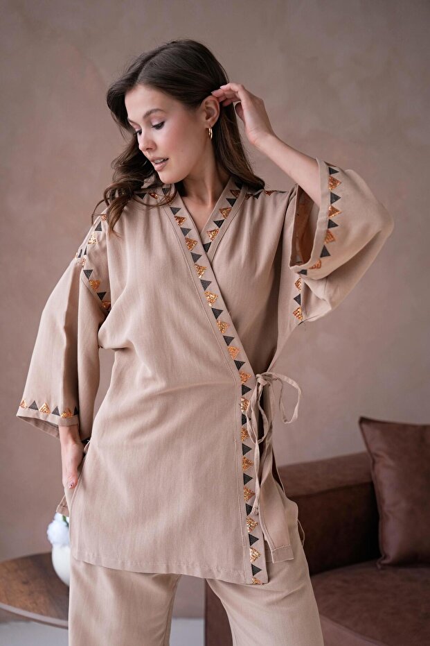 Women's Camel Linen Embroidery and Sequin Detailed Kimono and Pants Bottom/Top Set 29033