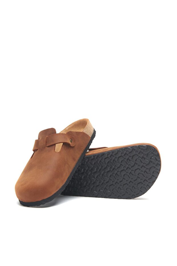 Unisex Kahverengi Deri Anatomik Mantar Tabanlı Terlik - 4