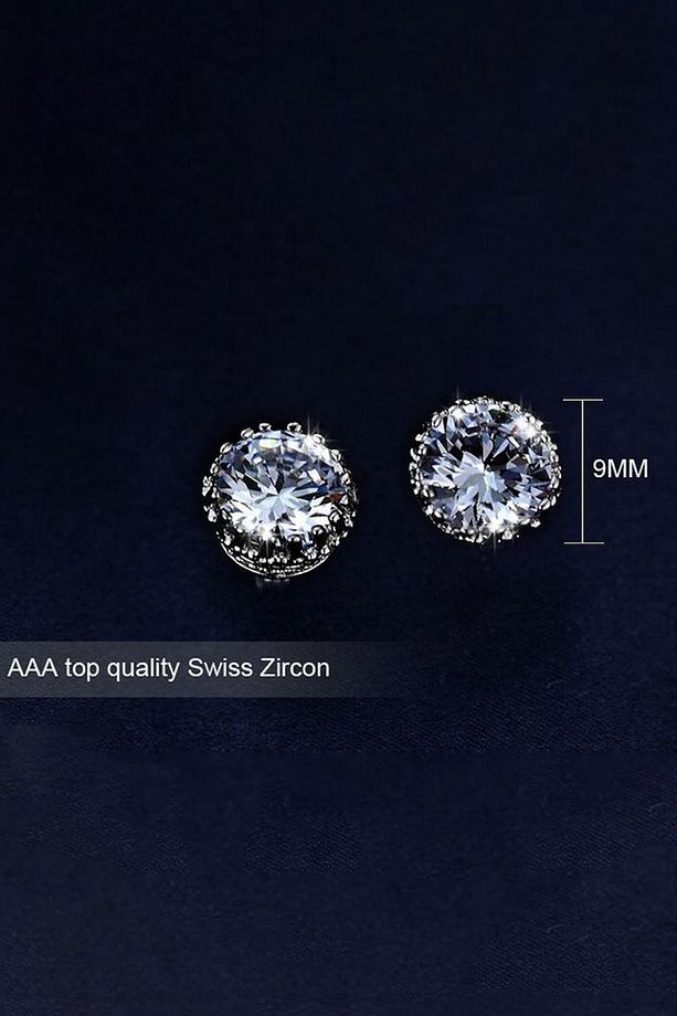 1 Carat Kral Tacı Motifli Beyaz Tek Taş Erkek Küpe Df09 - 5