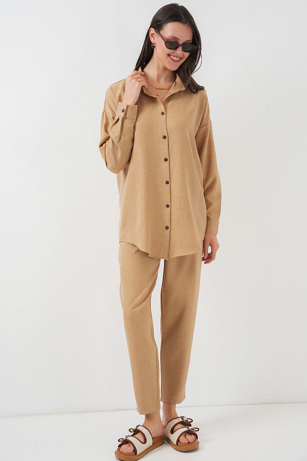 Kadın Camel Oversize Rahat Kalıp Keten Alt Üst Takım - 5