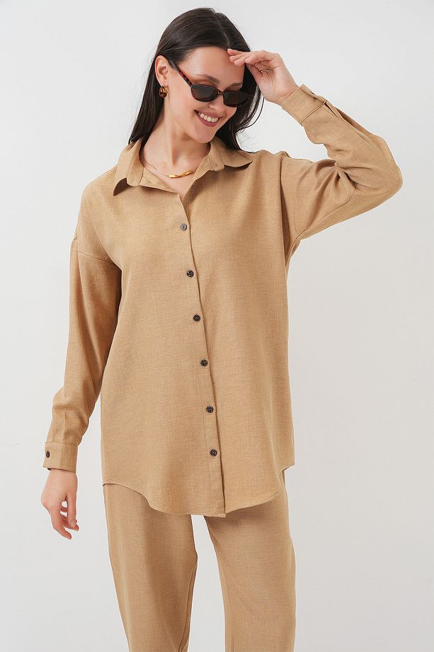 Kadın Camel Oversize Rahat Kalıp Keten Alt Üst Takım - 2